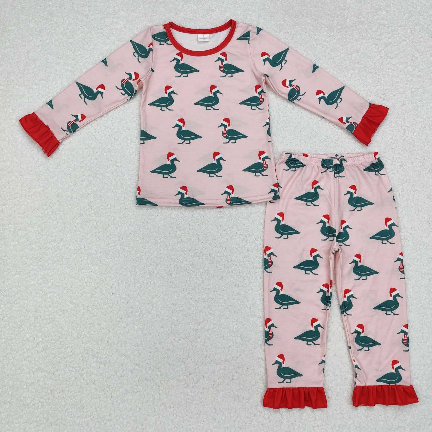 Custom moq 20 bamboo Christmas mallard duck hat pink long sleeve pants girls pajamas