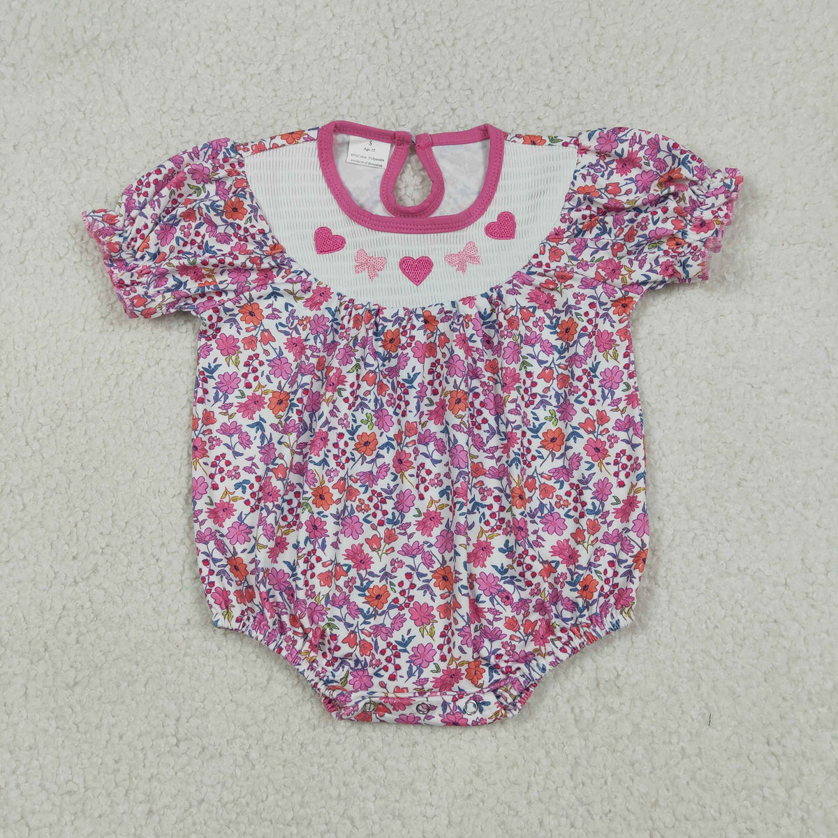 Embroidery SR3465 Valentine's Day Pink Heart Bows Flowers Short Sleeve Girls Romper
