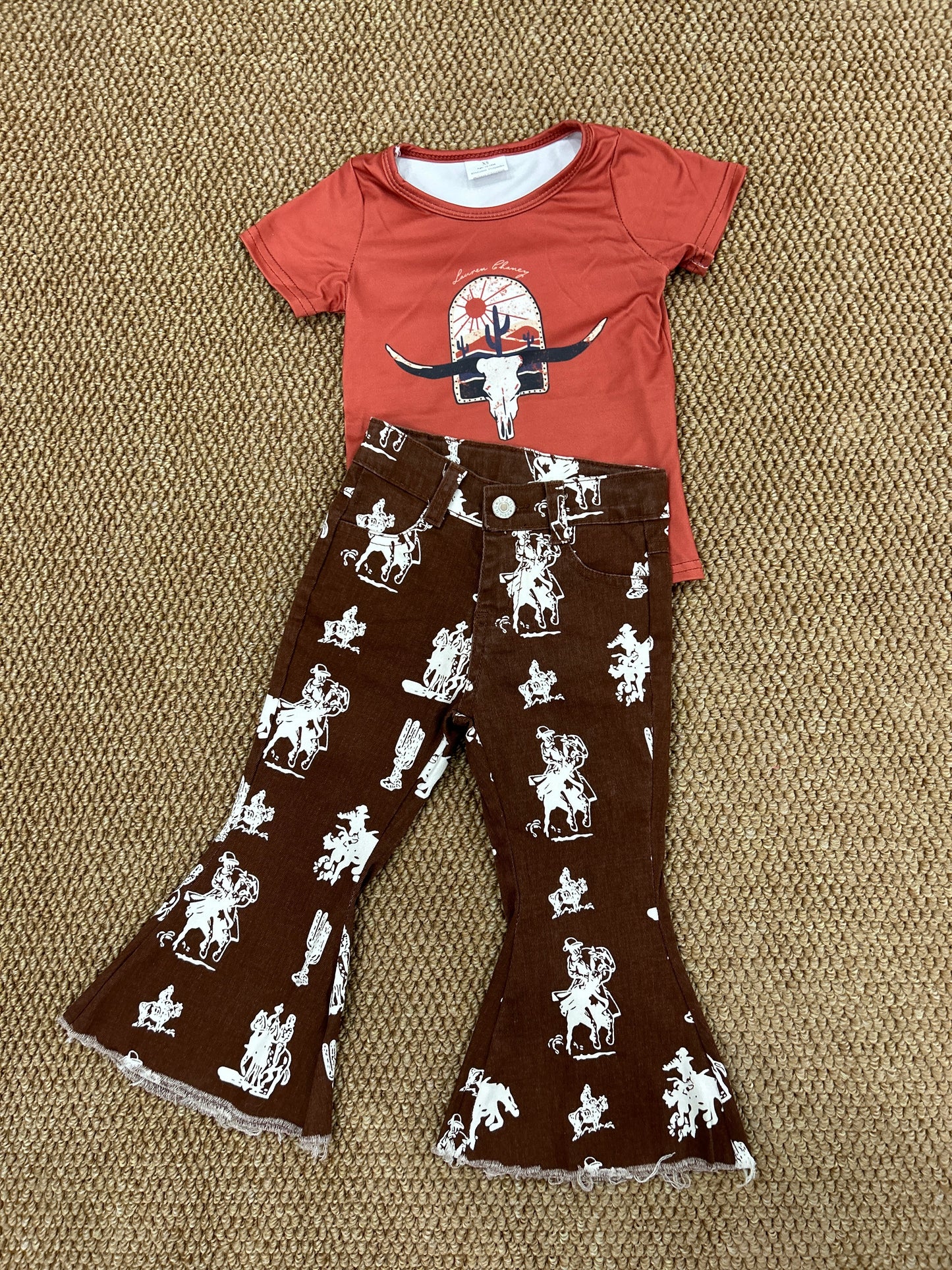 Western cow cactus short sleeve rodeo brown jeans girls set baby girl cowgirl set