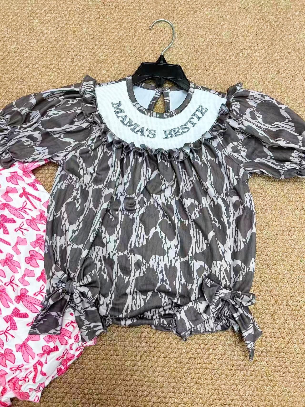 Smocked Embroidery Bows/Camo Girls Romper Sibling Clothes RTS