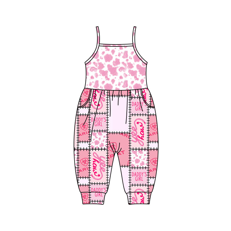 custom style daddy's girl pink cow print girls jumpsuits