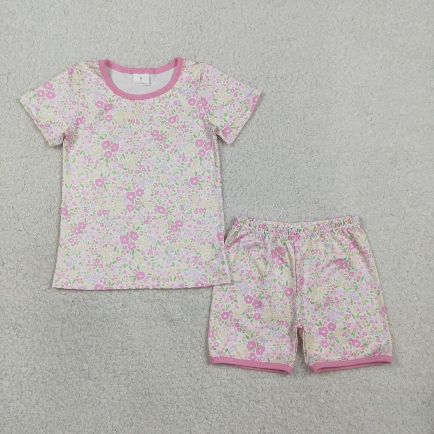 GSSO3129 Pink Flowers Floral Short Sleeve Shorts Girls Pajamas