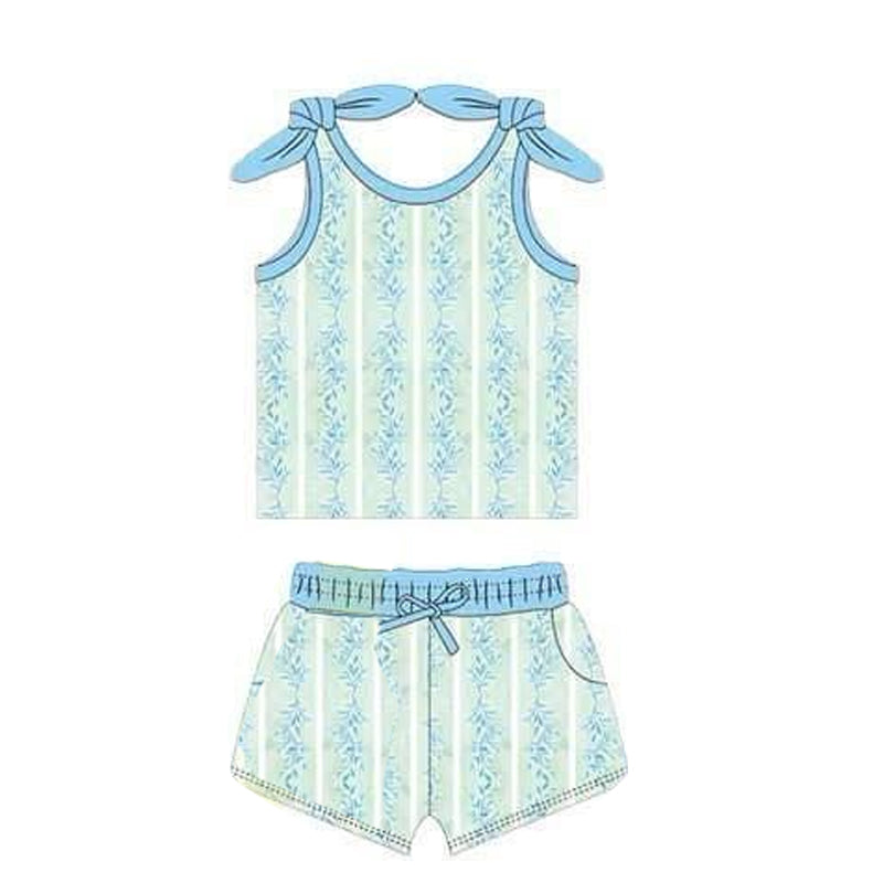 preorder blue flowers Summer sleeveless shorts girls set