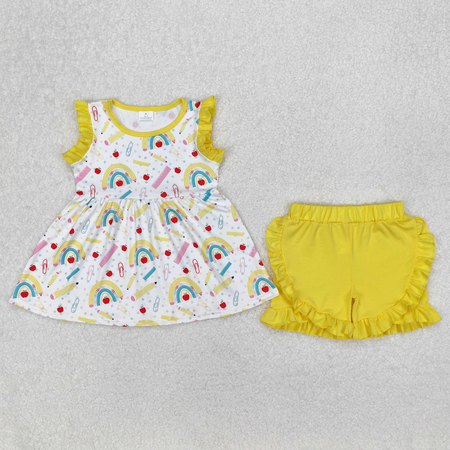 GSSO1913 back to school pen rainbows ruffles sleeve yellow shorts girls set
