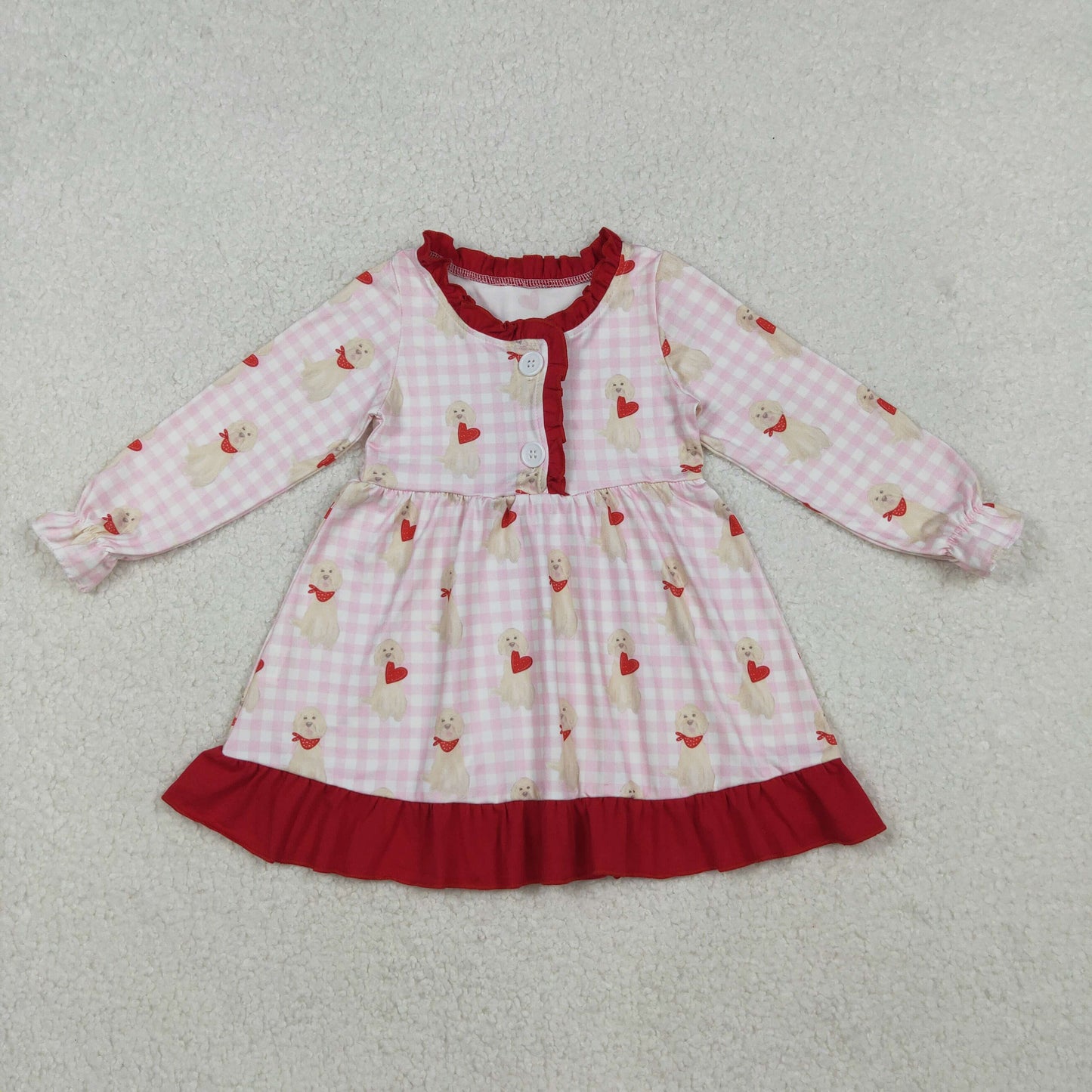 GLD1322 Valentine's Day dog heart pink checkered long sleeve girls dress