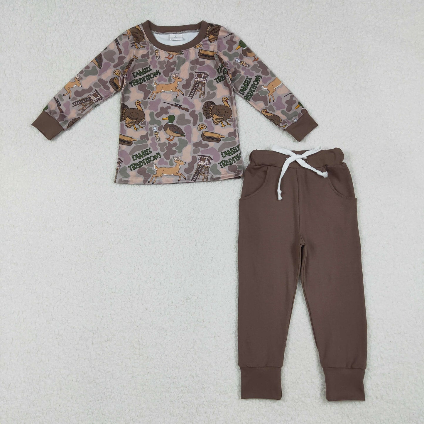 BLP1178 hunting mallard duck call turkey camo long sleeve brown pants boys set