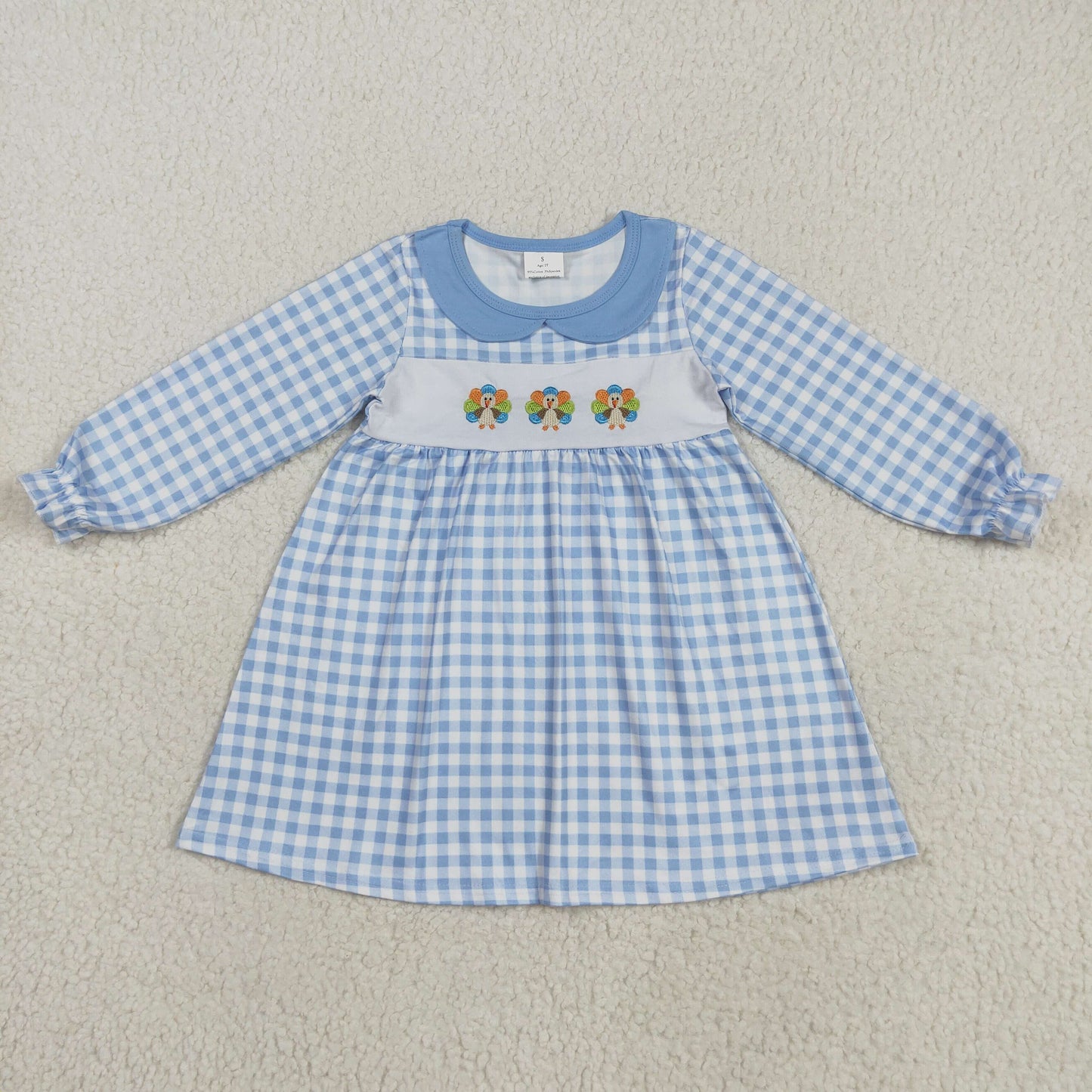 GLD1070 Embroidery turkey blue checkered long sleeve girls dress
