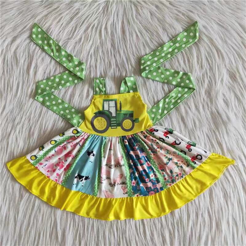 A0-21 farm tractor cow animals green straps girls dressw