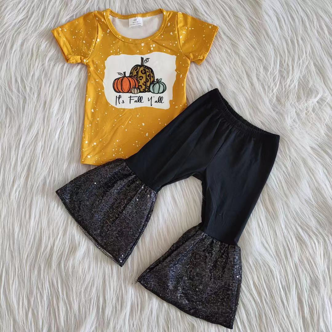 A2-12 Pumpkin orange short sleeve black sequin pants girls set