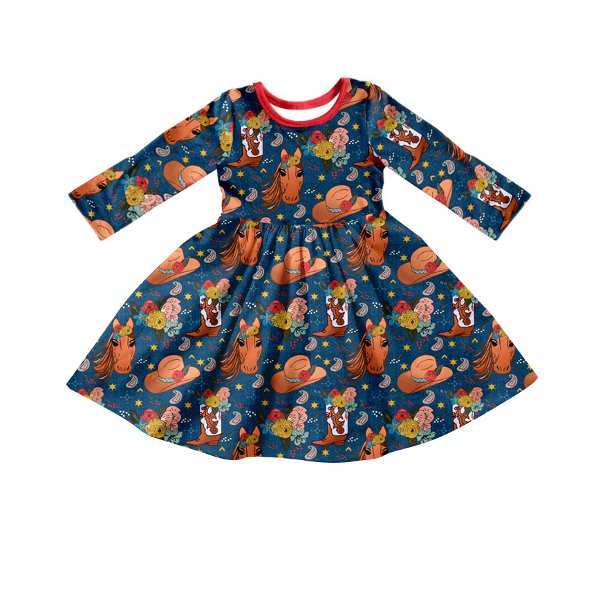 preorder GLD0398 Western horse flowers hat long sleeve girls dress