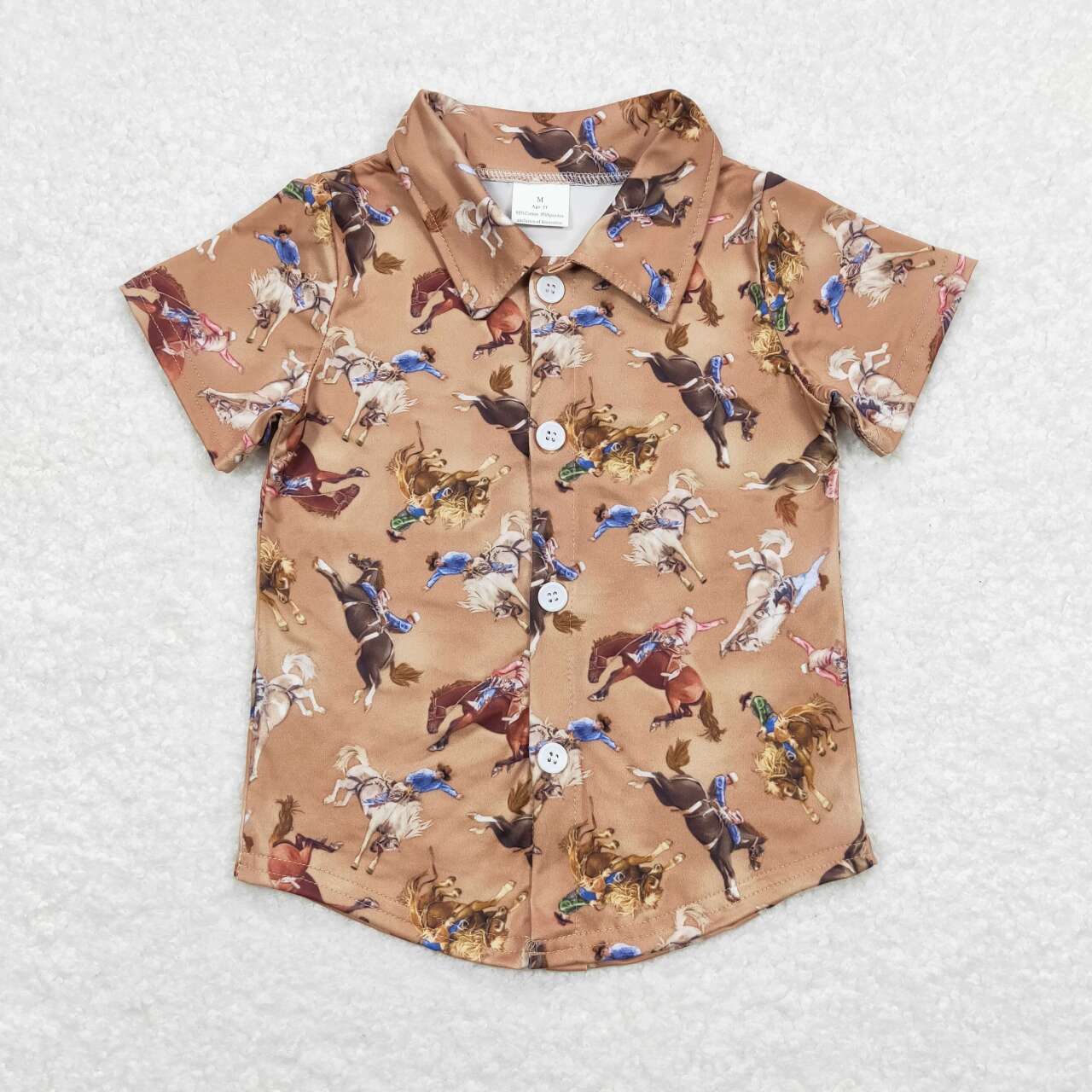 BT0525 Western Brown Horse Rodeo Short Sleeve Boys Top