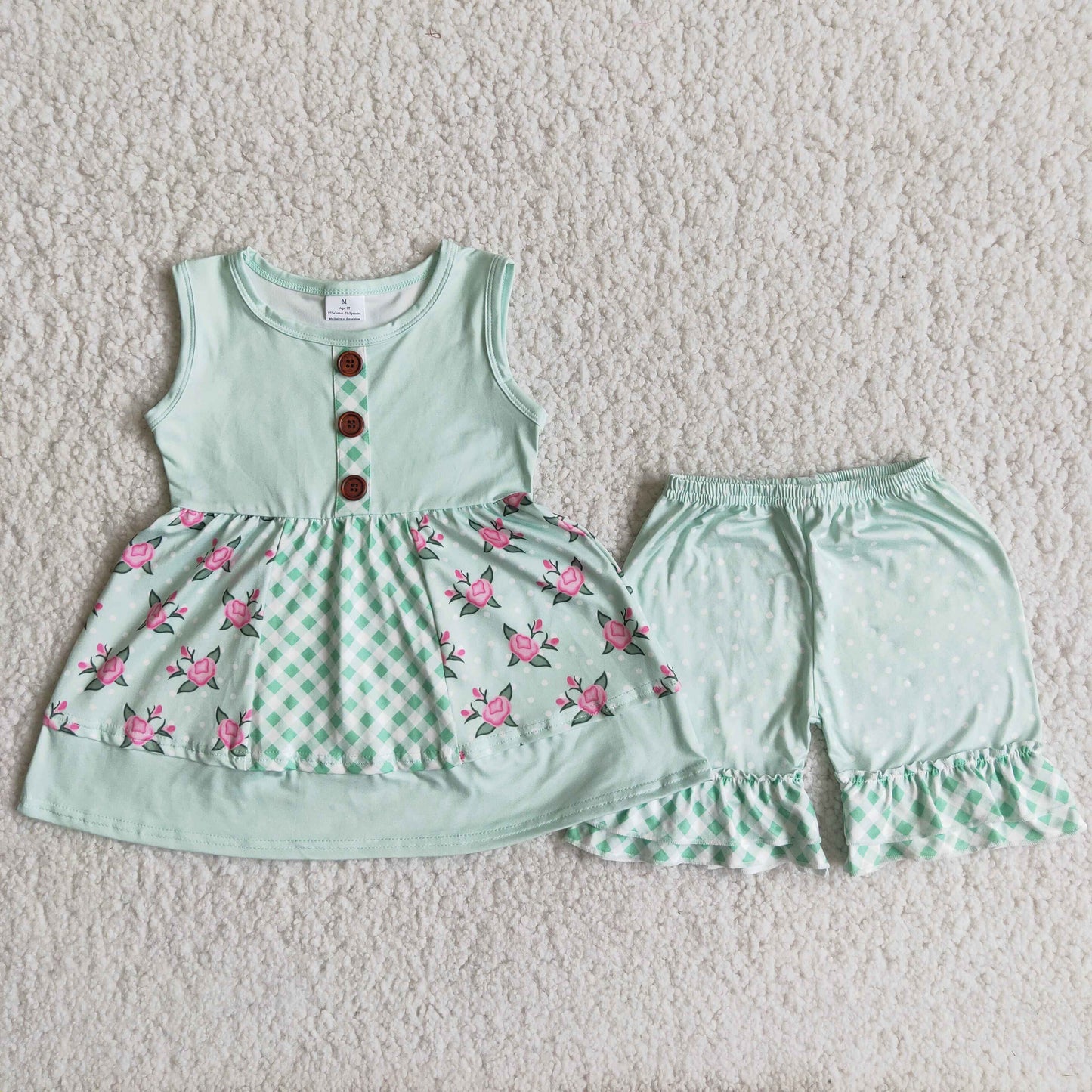 Green Sleeveless Girls Floral Print Kids Summer Outfits
