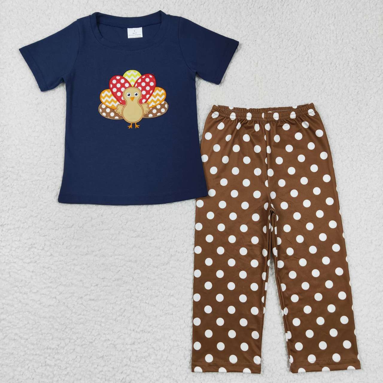 BSPO0162 Thanksgiving turkey navy short sleeve brown dot pants boys set