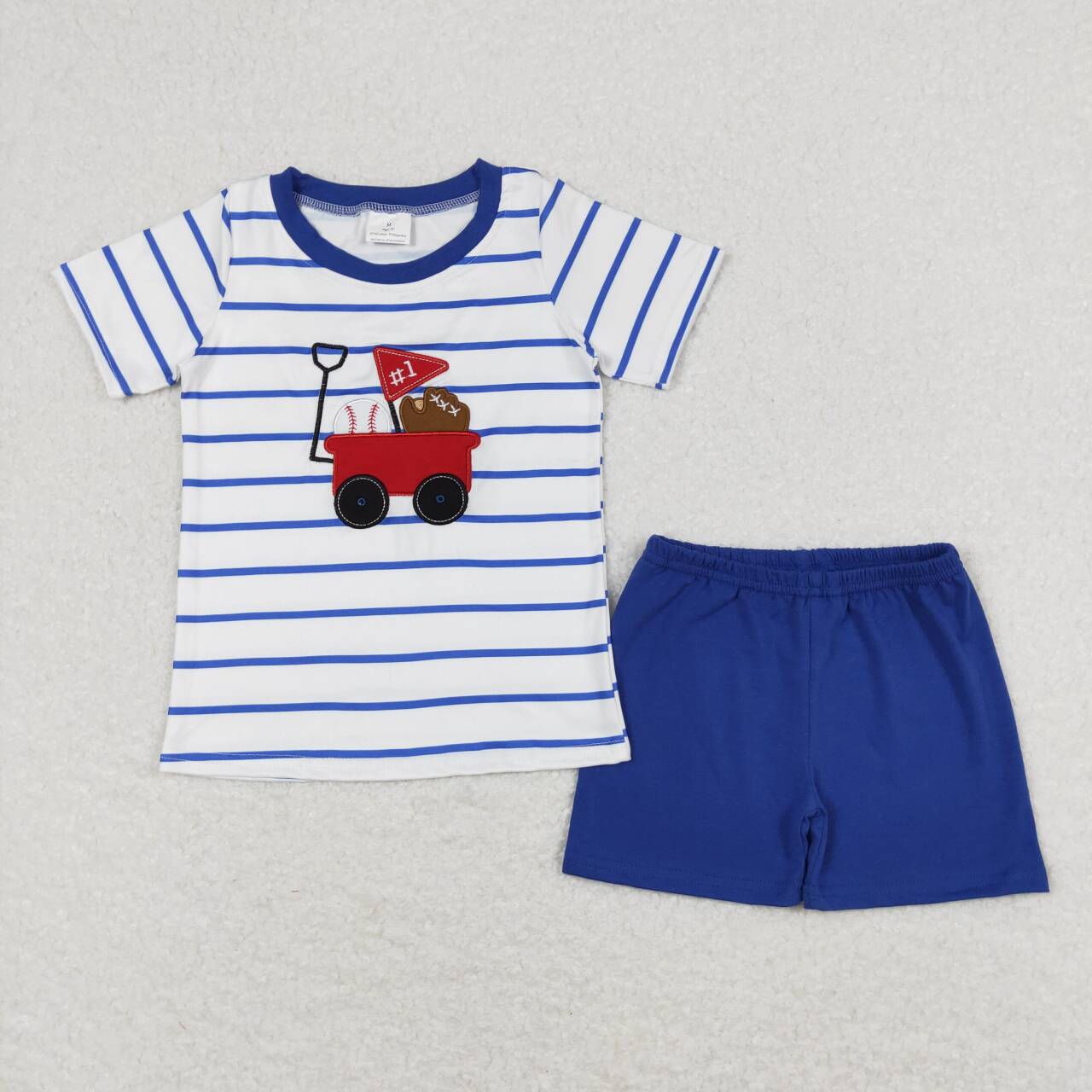 BSSO0540 embroidery Baseball Red Truck Blue Striped Short Sleeve Blue Shorts Boys Set