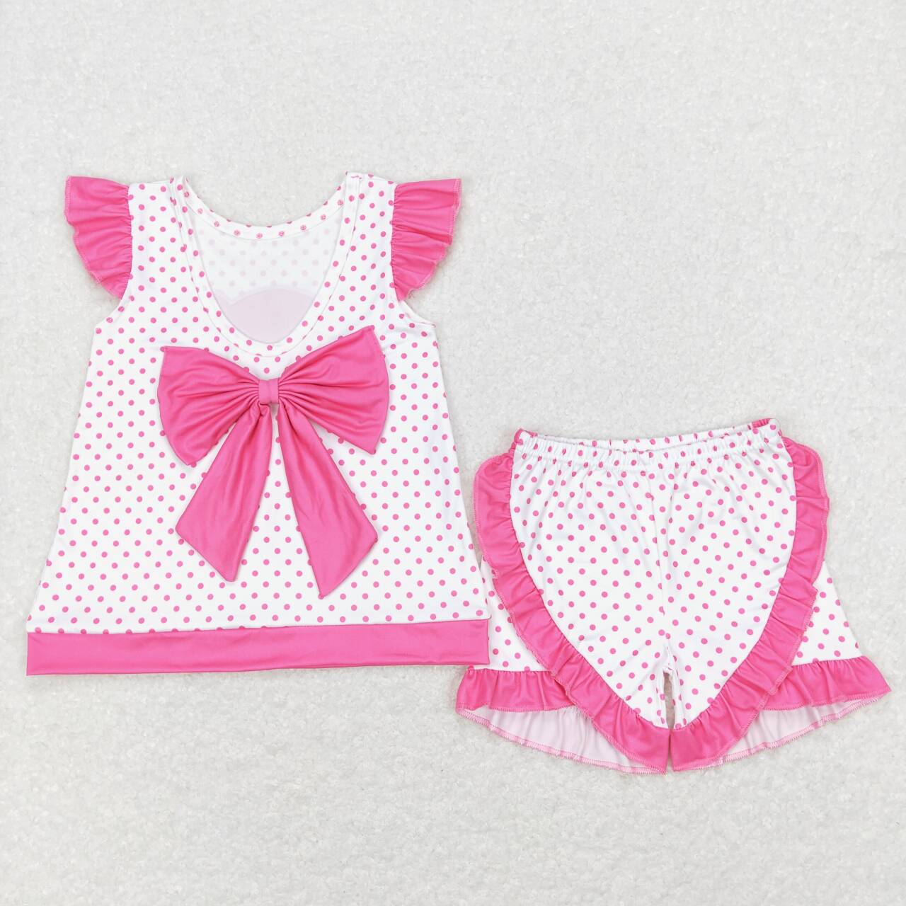 GSSO0384 BA pink flutter sleeve ruffles shorts girls set