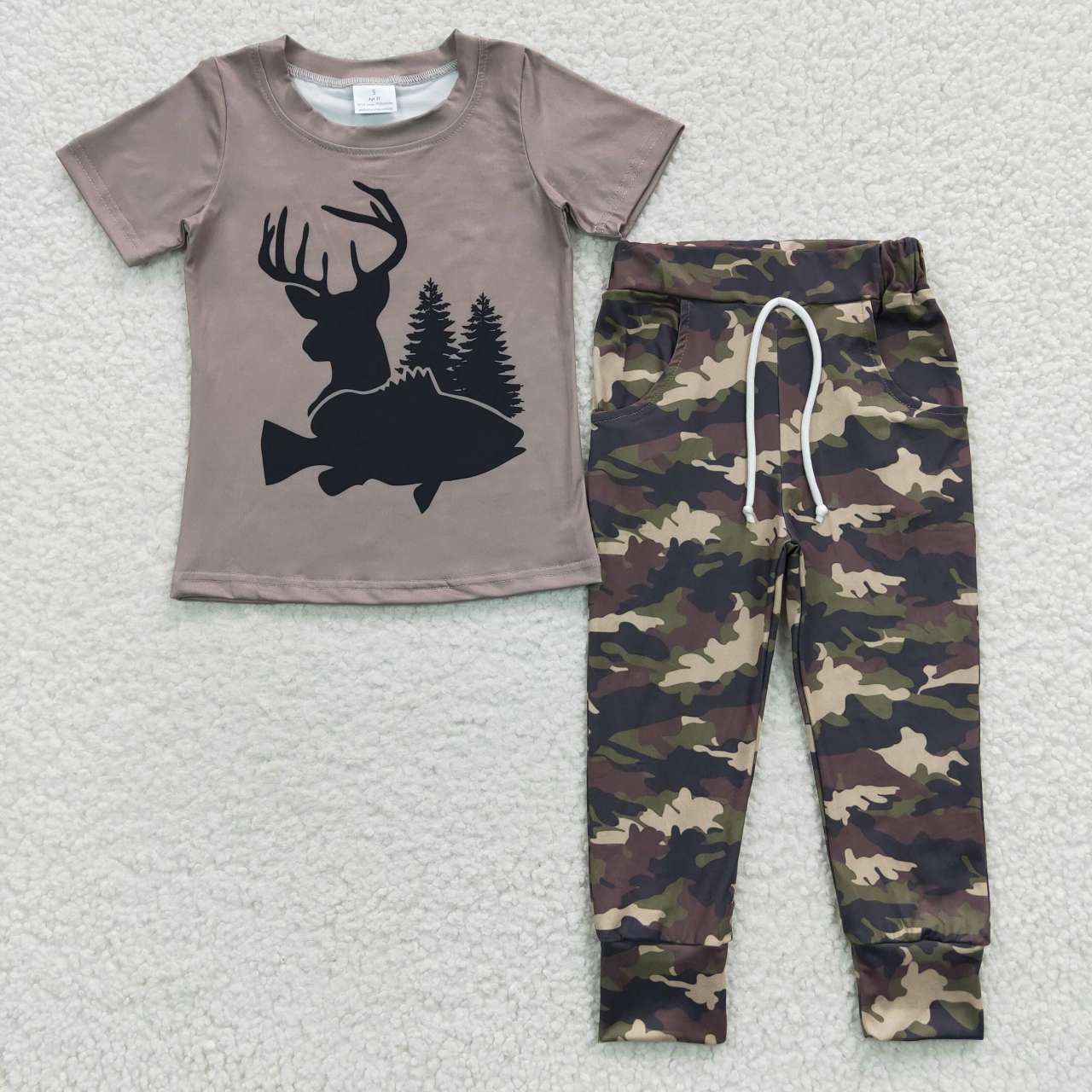 BSPO0108 Fawn Fish Hunt Grey Short Sleeves Camouflage Pants Boys Set
