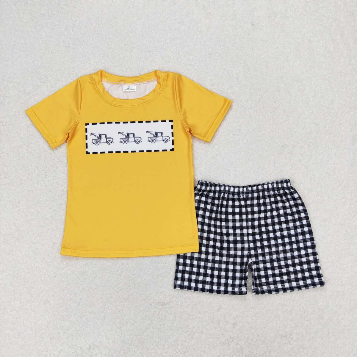 BSSO0820 breakdown van lineman yellow short sleeve black checkered shorts boys set