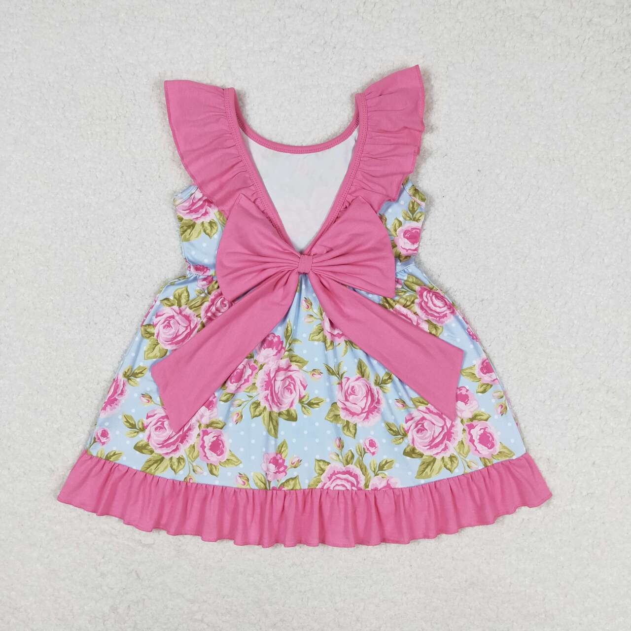 GSD0738 Hot Pink Flowers Ruffles Blue Sleeveless Girls Dress