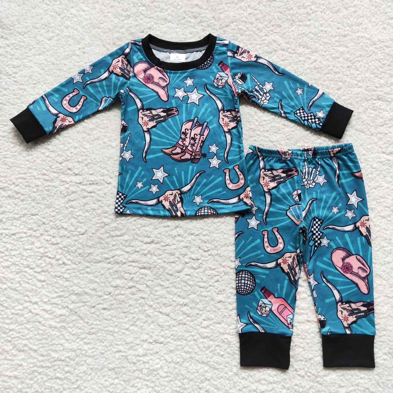 BLP0305 Western cow cactus green long sleeve boys kids pajamas