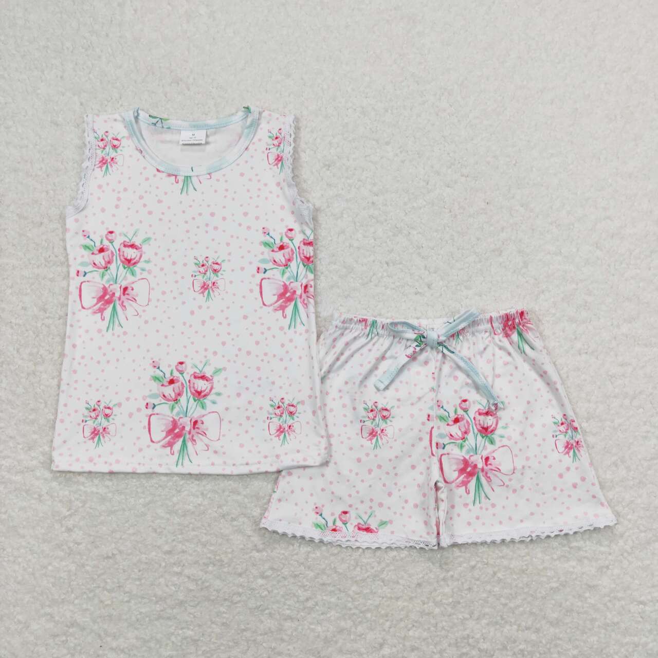 GSSO0693 Pink flowers white sleeveless shorts girls Summer set