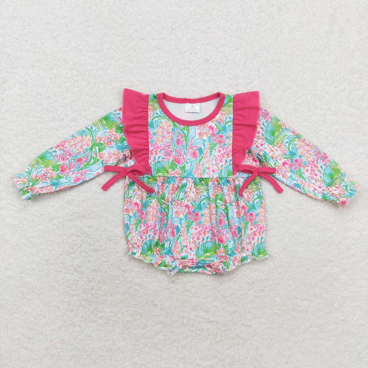 LR1295 colorful leaf flowers hot pink long girls romper