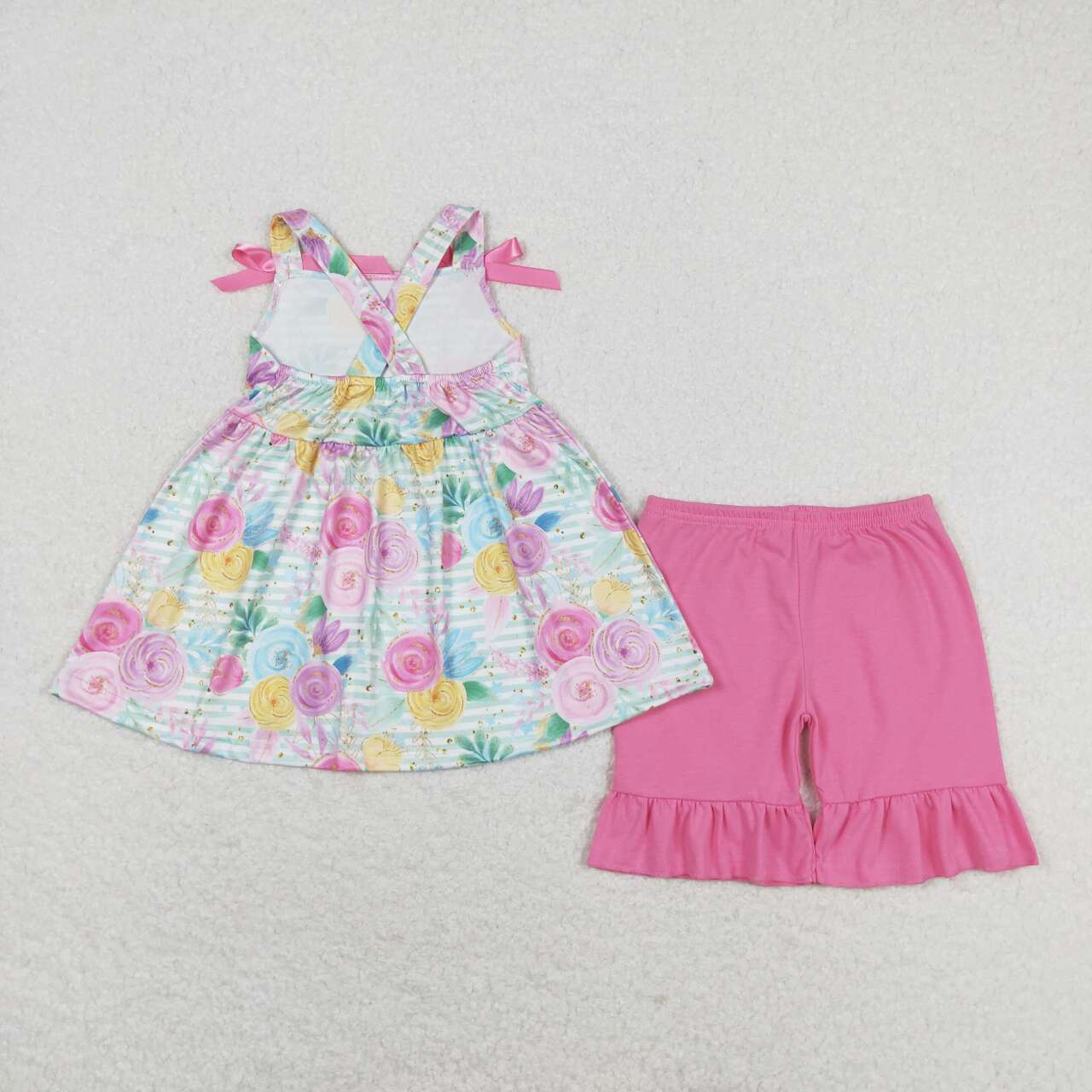 GSSO1007 multi color flowers blue sleeveless pink shorts girls set