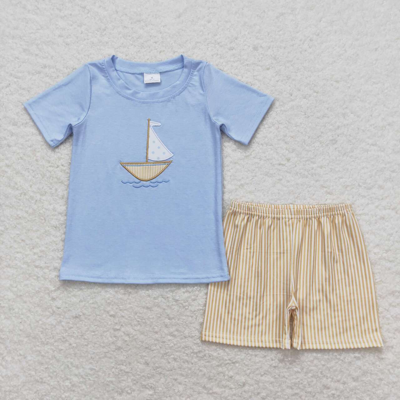 BSSO0602 embroidery Sailboat blue short sleeve yellow striped shorts boys set