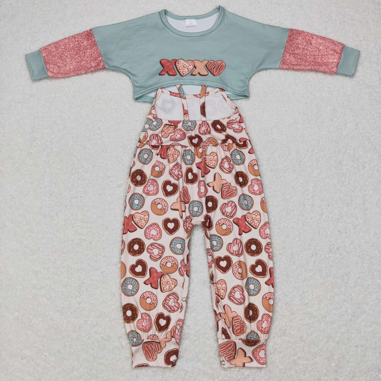 GLP0899 Xoxo green long sleeve donut jumpsuit girls set