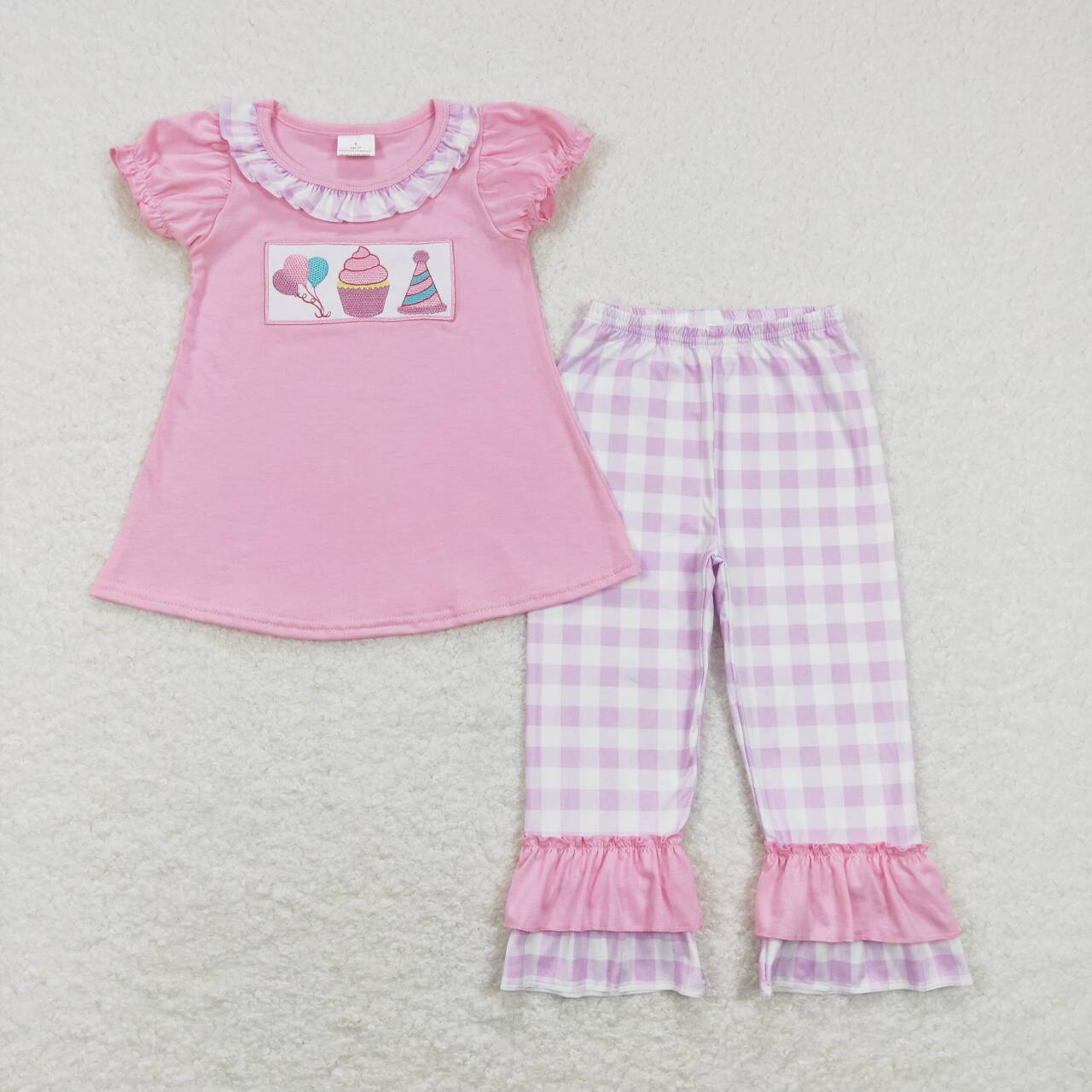 GSPO0960 Happy birthday cake pink short sleeve purple checkered pants girls set