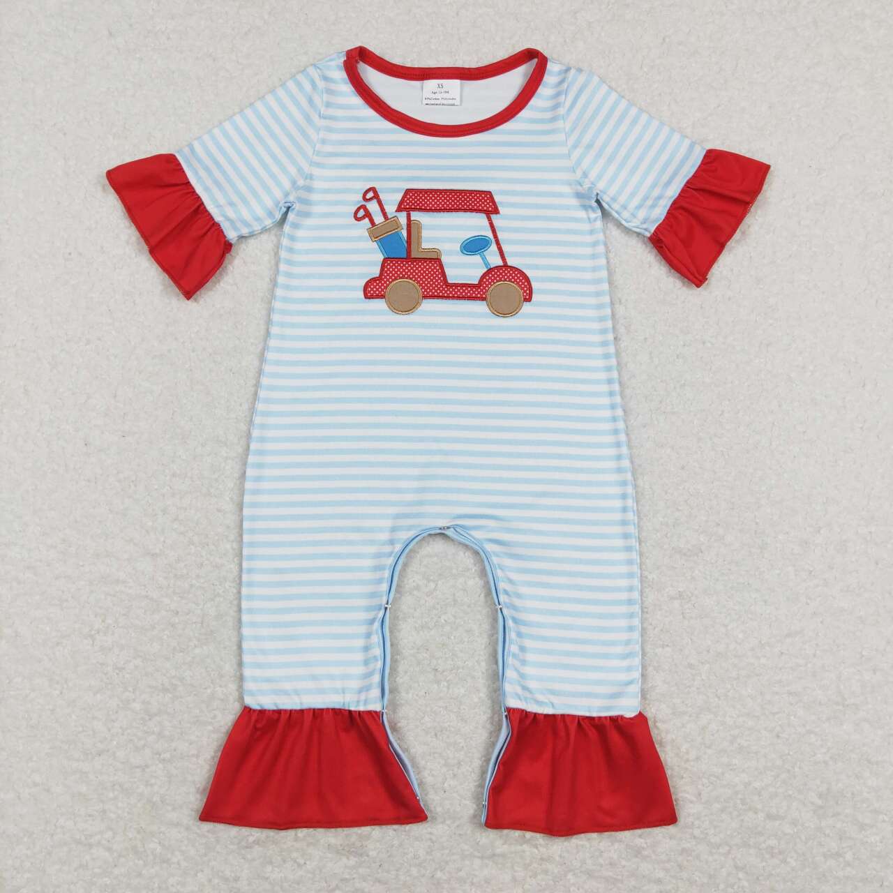 SR0699 Embroidery Golf blue striped short sleeve girls red romper