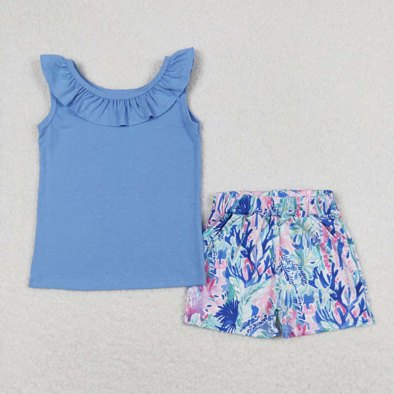 GSSO0812 blue flutter sleeve colorful green blue print shorts girls set
