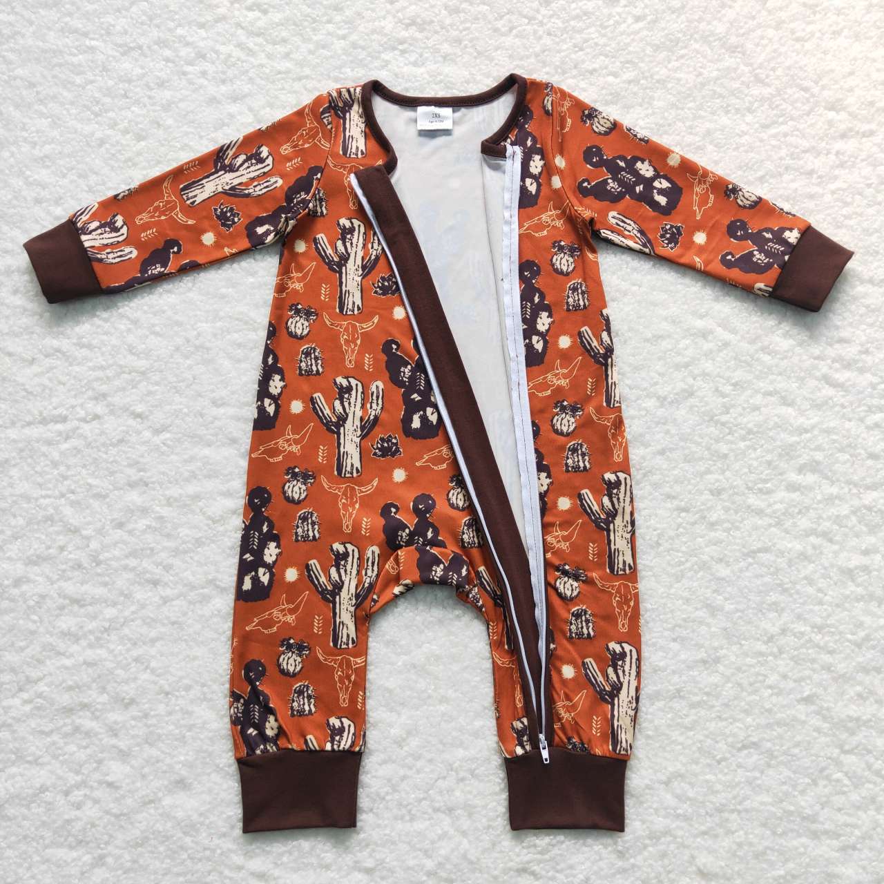 LR0726 Western cow cactus brown long sleeve kids romper