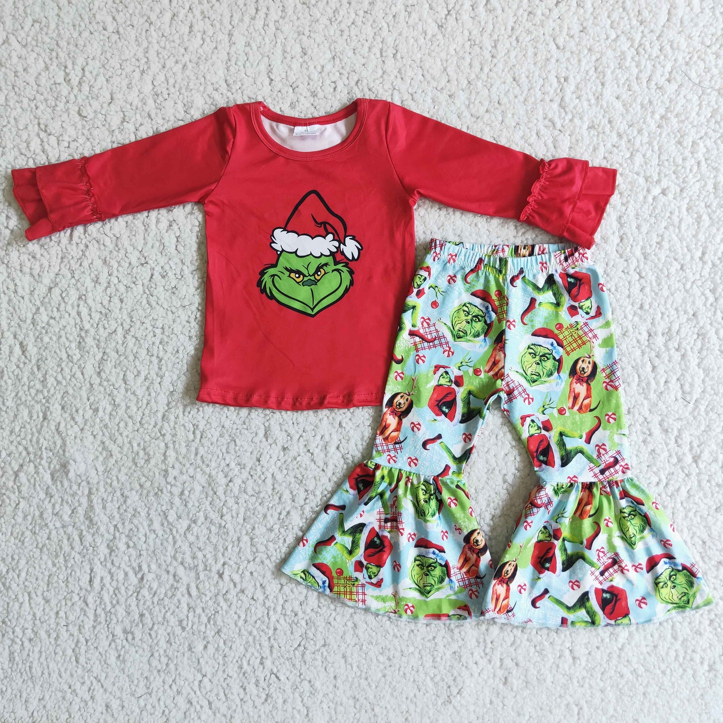 6 C9-25 Red Ruffles Long Sleeve Christmas Cartoon Print Bell-bottom Pants Sets