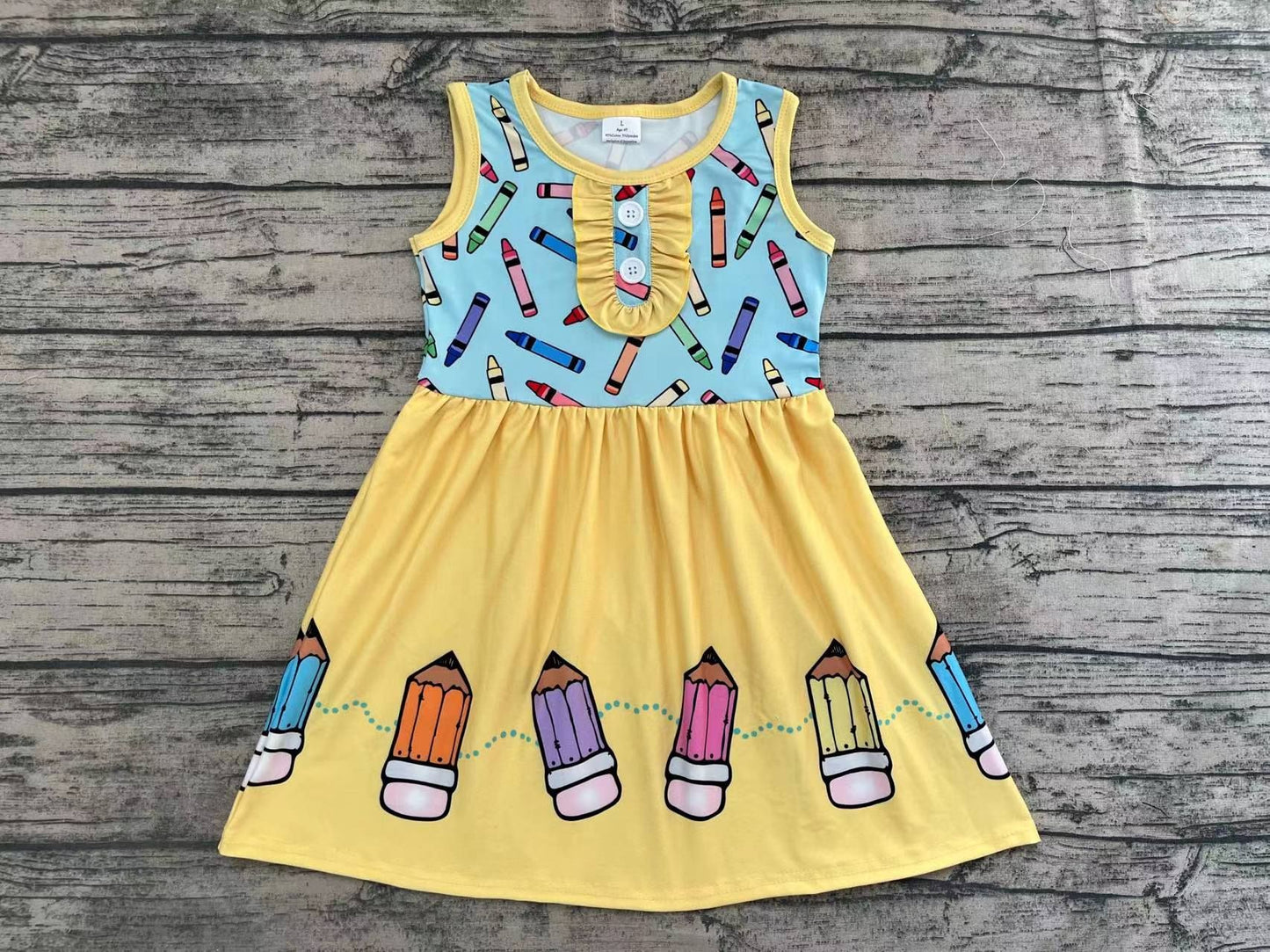 GSD0383 Back To School Pens Blue Sleeveless Yellow Girls Kids Dress