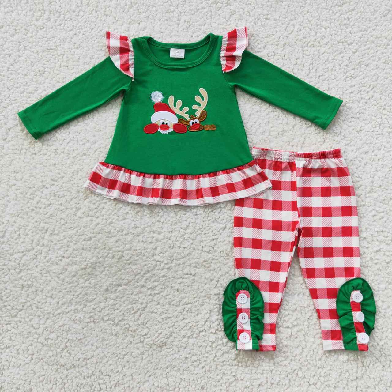 GLP0507 Christmas Deer Green Long Sleeves Red Striped Print Girls Clothes