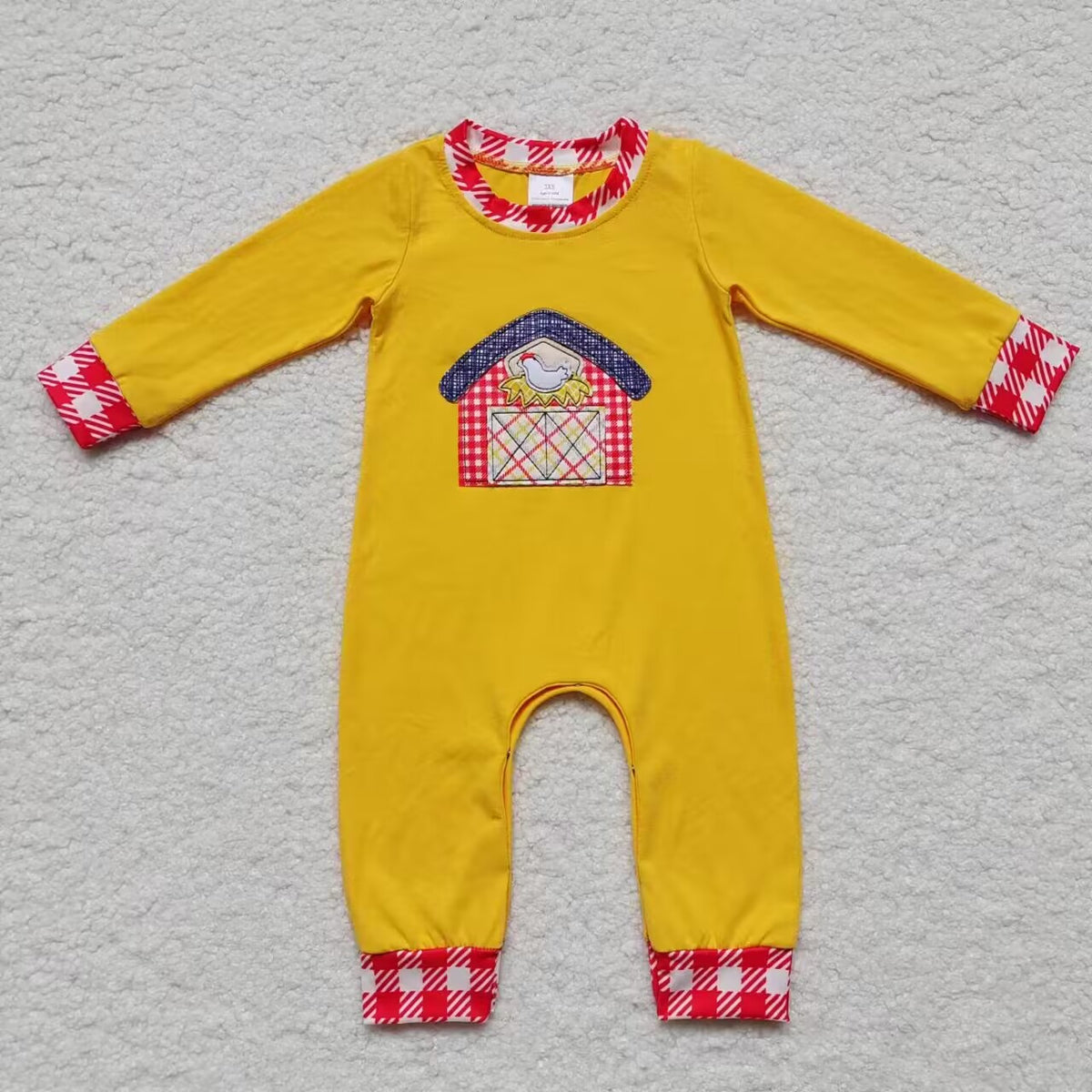 LR0384 Farm Cock House Yellow Long Sleeves Boys Romper