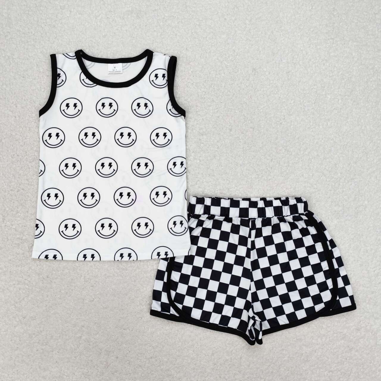 BSSO0972 smile sleeveless black checkered shorts boys set