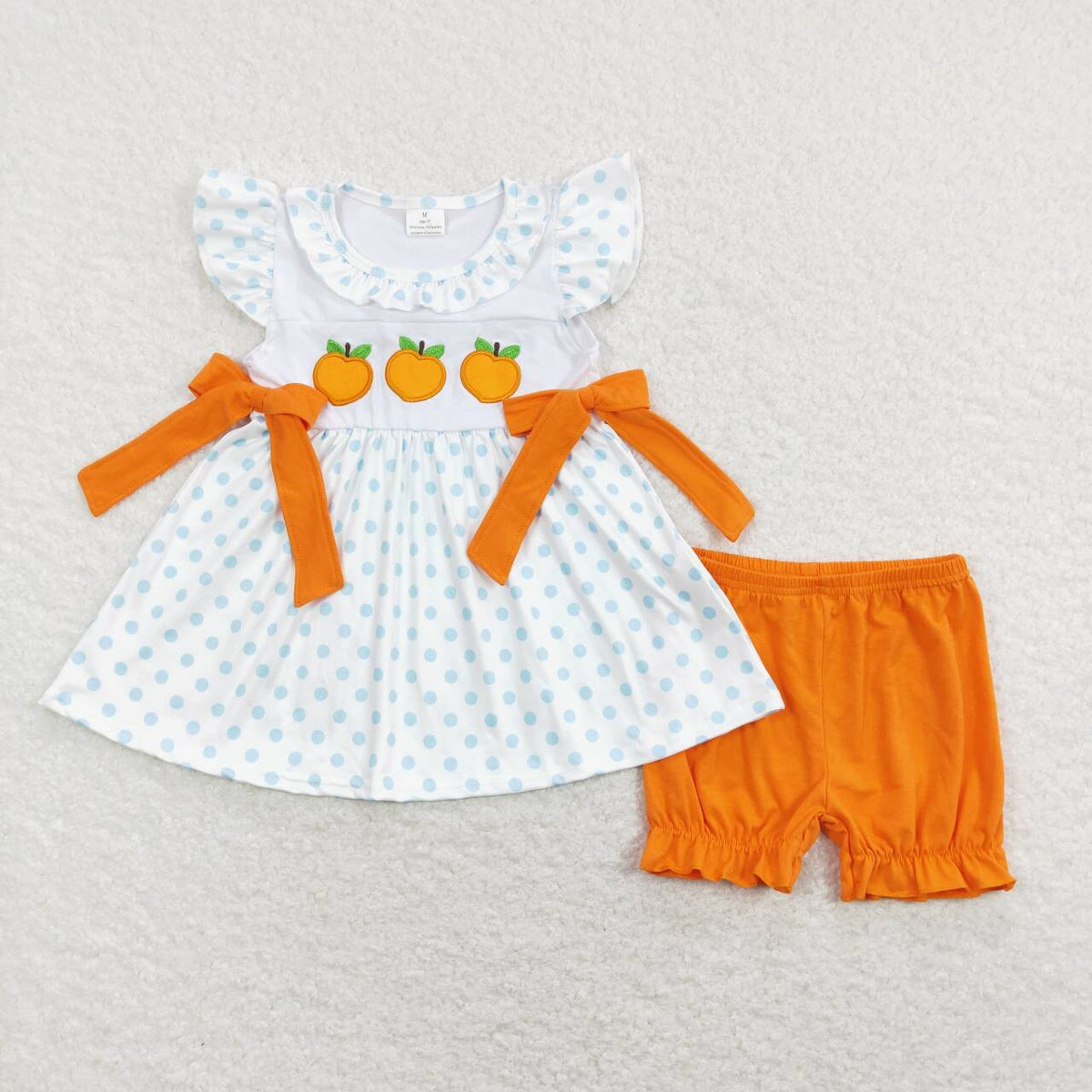 GSSO0451 Orange fruits blue dot flutter sleeve orange shorts girls set