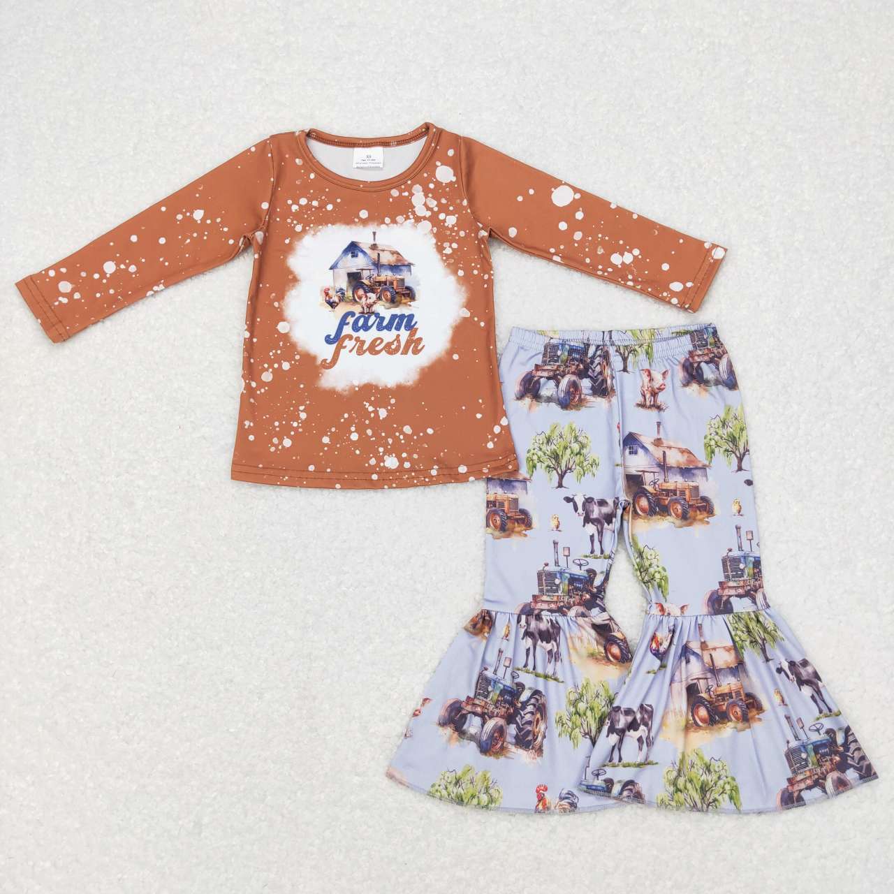 GLP0728 Farm chicken tractor brown long sleeve pants girls set