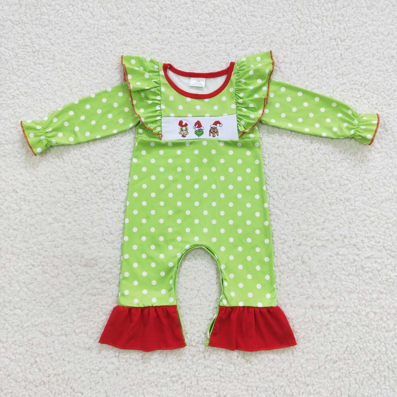 LR0387 Christmas Green Face Dot Long Sleeves Girls Romper