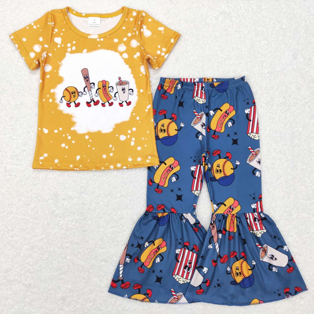 GSPO0965 Baseball hot dog yellow short sleeve blue pants girls set