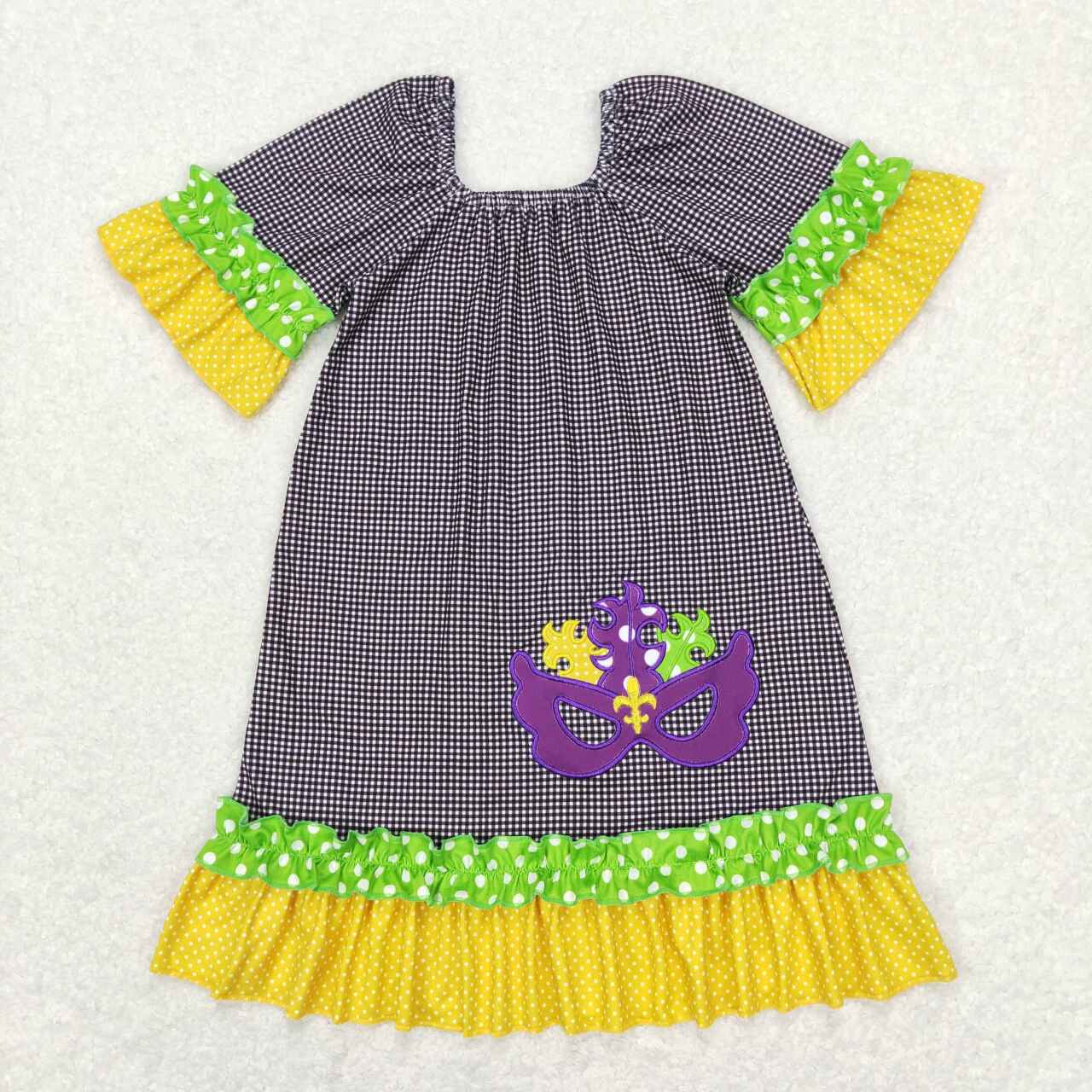 GSD0499 Mardi gras yellow green black striped cell girls dress