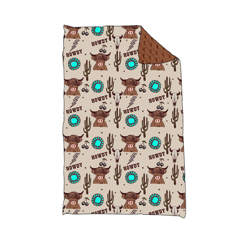 preorder BL0153 Western Howdy highland cow cactus turquoise brown baby blanket