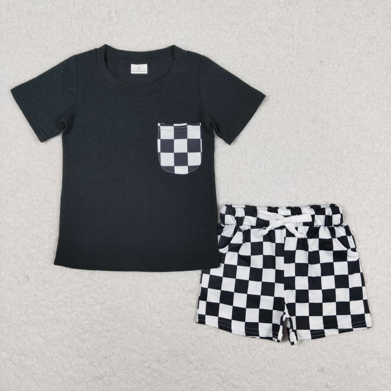 BSSO0852 black checkered pocket short sleeve shorts boys set