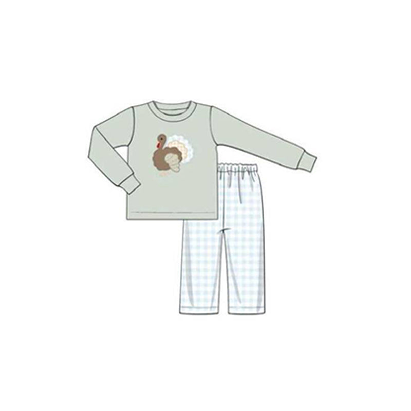 preorder BLP0214 Thanksgiving Turkey Blue Long Sleeves Plaid Print Pants Boys Clothes