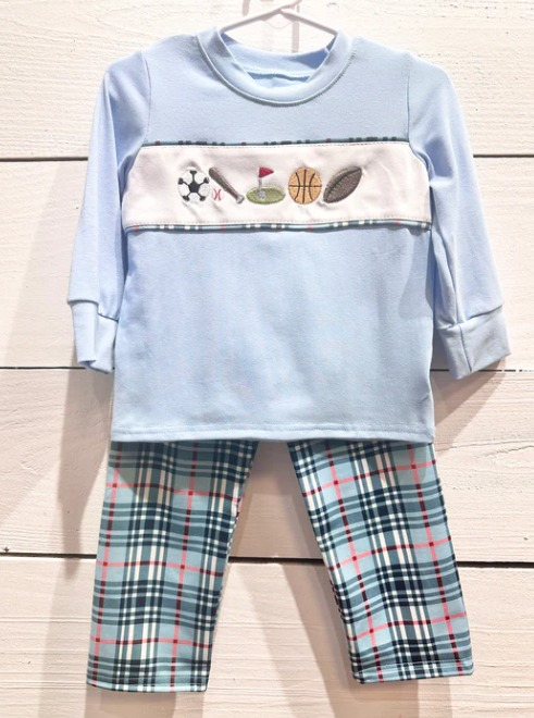 preorder BLP0433 Play golf soccer basketball blue long sleeve checkered pants boys set