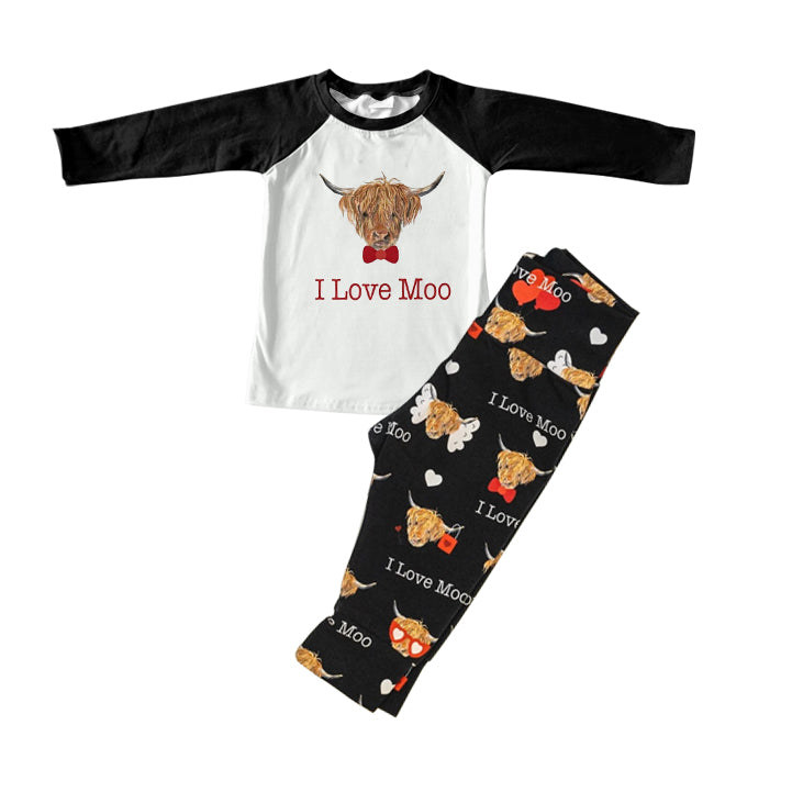 preorder BLP0436 I love Moo highland cow long sleeve black pants boys set