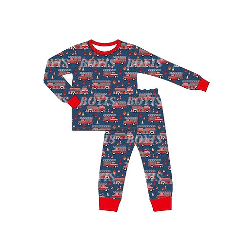 preorder BLP0474 fire truck navy blue long sleeve pants boys pajamas