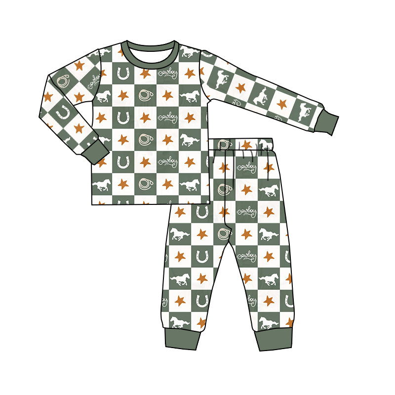 preorder BLP0480 cowboy horse star checkered long sleeve pants boys pajamas