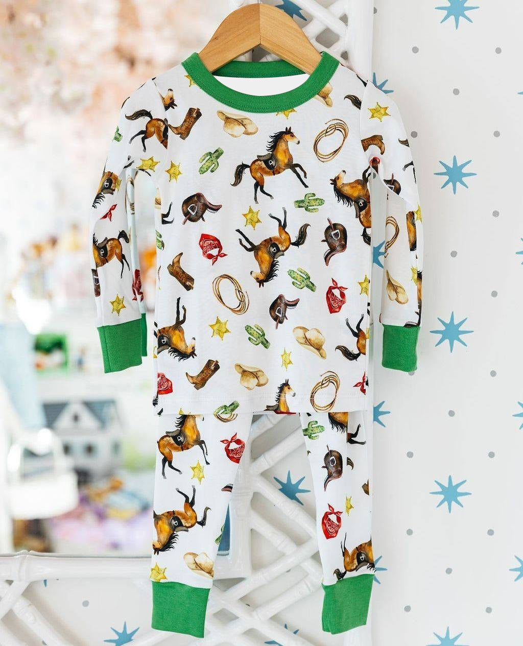 preorder BLP0499 Western cactus horse green long sleeve pants boys pajamas